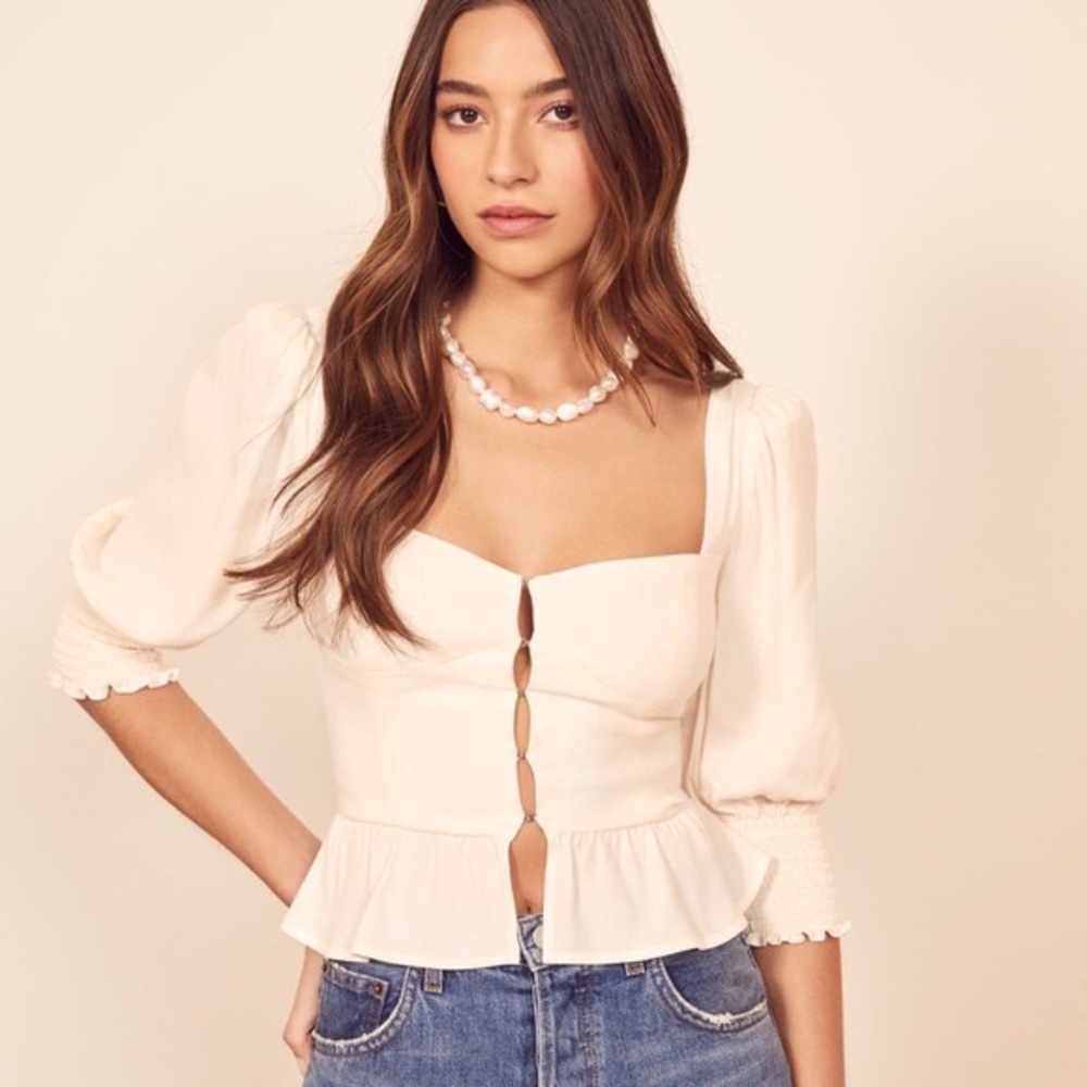 Reformation Cream Peplum Puff Sleeve Blouse